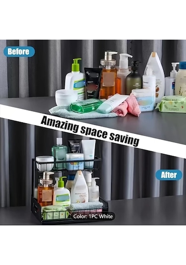 Honeybeeshop Lavabo Altı Düzenleyici Beyaz 1 Paket Kayar Çekmece Rafları Mutfak Banyo Kiler Dolabı Düzenleme Rafı Metal Sürgülü Çekmeceler Beyaz