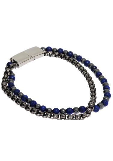 Erkek Zincir Ve Lacivert Renk Boncuk Detay Çelik Bileklik Antrasit