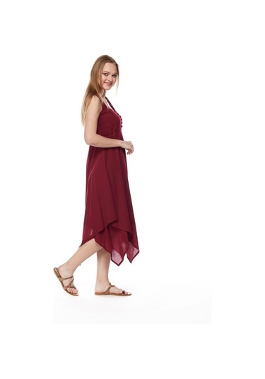 Şile Bezi Bordo Asimetrik Düğmeli Elbise Bordo