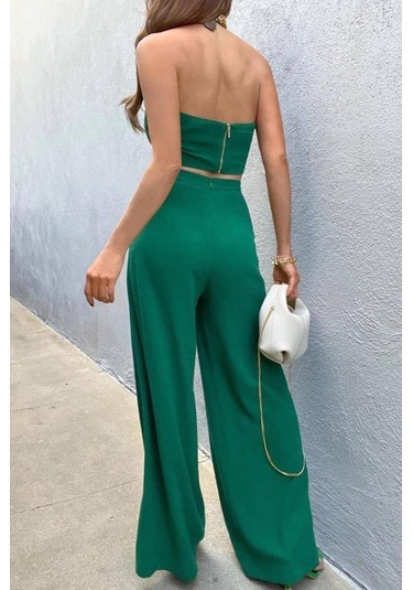 Kadın Pera Keten Kumaş Halka Detaylı Sırt Metal Fermuarlı Bel Gizli Fermuarlı Büstiyer Pantolon Takım Yeşil