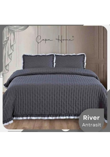 River Rose Pilseli Ultrasonic Çift Kişilik Yatak Örtüsü Antrasit