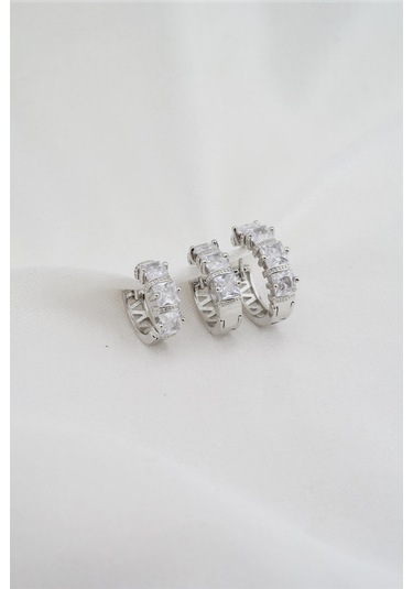 Kadın Altın Kaplama Baget Zirkon Taşlı Figürlü 3 Boy Küpe Seti - Gümüş