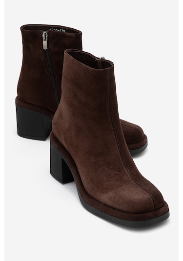 Junae Kahverengi Süet Hakiki Deri Kadın Kalın Topuklu Bot Kahverengi