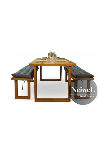 Neiwel Loen Doğal Ahşap Banklı Yemek Masası Takımı-80-260 Takım Açık Ceviz