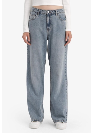 Defacto Straight Wide Yüksek Bel Uzun Jean Yıkamalı Pantolon E9126ax25aunm28 Mavi