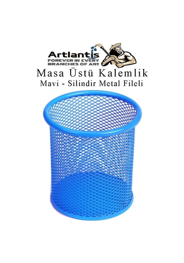 Silindir Masa Üstü Kalemlik 1 Adet Metal Fileli Renkli Perforeli Yuvarlak Kalemlik Ofis Büro Okul Mavi