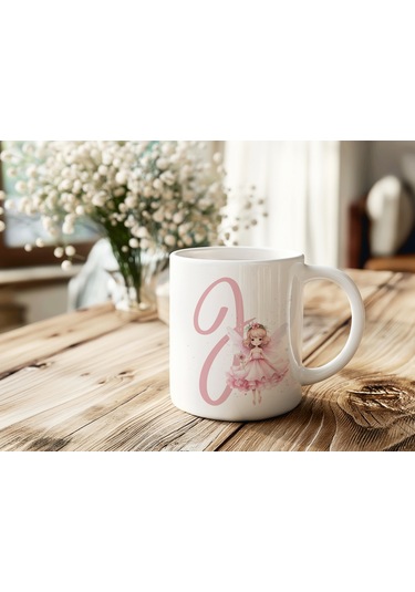 J Harfi Pembe Peri Kızı Figürlü Kupa Bardak Masalsı Çay Kahve Kupası - Kişiye Özel Hediye Beyaz