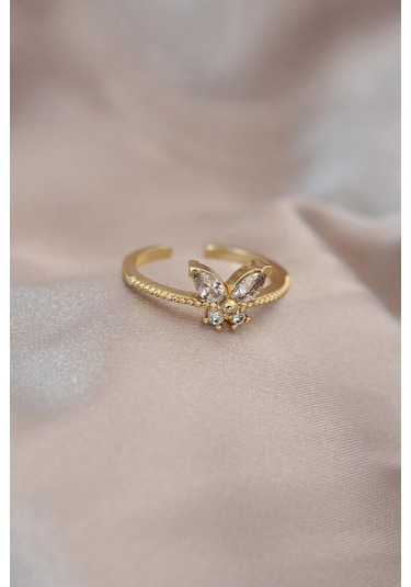 Ayarlamalı Altın Renk Metal Zirkon Taş Ve Kristal Taşlı Kelebek Model Yüzük Altın