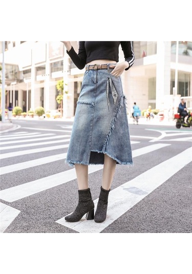 Kadın Moda Yüksek Bel Yırtık Tahrip Bodycon Sokak Stili Denim Etek Açık Mavi