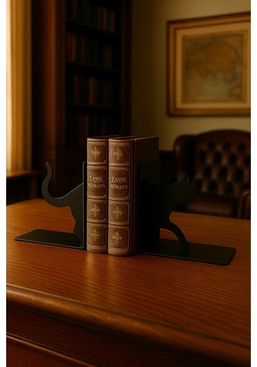 Kedi Figürlü Metal Kitap Tutucu 2 Li Set Dekoratif Hayvan Temalı Kitaplık Aksesuarı