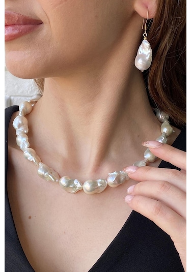 22,5 Mm Barok İnci Kolye Bileklik Küpe Üçlü Set 50 Cm / Rose Gümüş