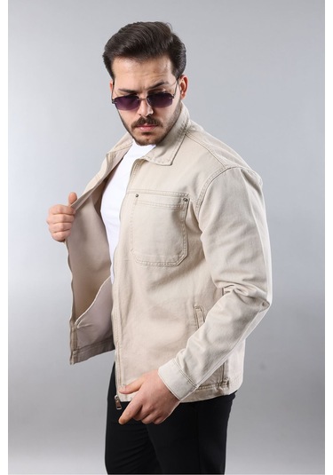 Erkek Regular Fit Bej Spor Model Fermuarlı Kot Ceket Bej