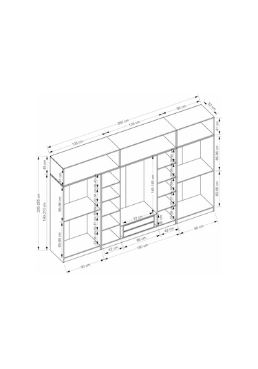 Minar Kale 8 Kapaklı 2 Aynalı 2 Ç Dolap Ve Yüklük Beyaz Antrasit 255cm Çok Renkli