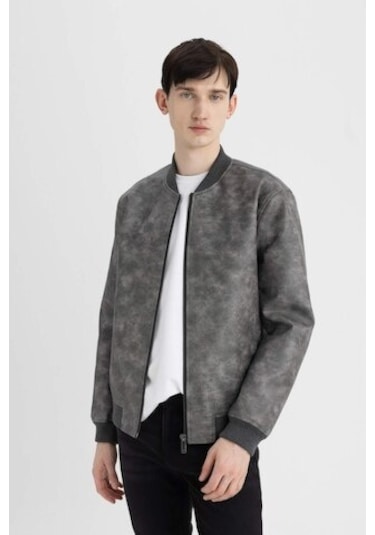 Defacto Slim Fit Dar Kesim Kolej Yaka Fermuarlı Cepli Astarlı Mevsimlik Hafif İnce Suni Deri Mont Ceket C6971AX24AUAR167 Antrasit