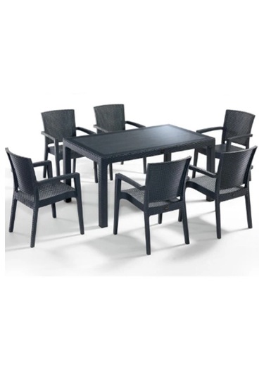 6 Kişilik Camlı Rattan Bahçe Balkon Masa Takımı Antrasit