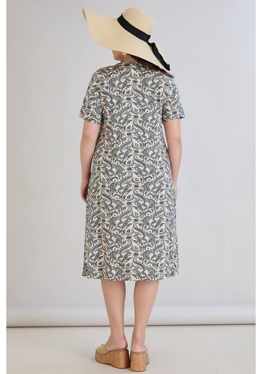 Wearon Kadın Beliz Büyük Beden Dantelli Kısa Kollu Turkuaz Elbise Bej