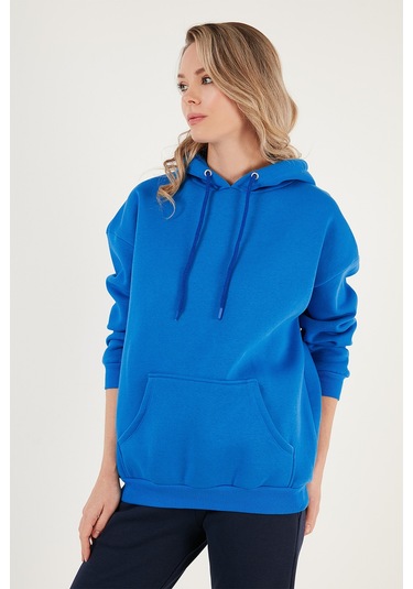 Lela Regular Fit Pamuklu Kapüşonlu Yaka Şardonlu Kışlık Bayan Sweat 5863854 Saks