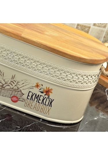 Ferforje Ahşap Kapaklı Kesme Tahtalı Ekmeklik Beyaz