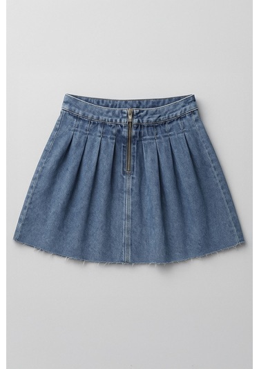 Kadın Şık Pileli Yazlık Mini Jean Etek Mavi