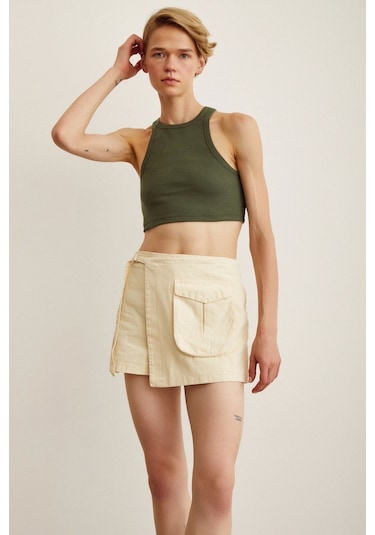Never More Kemer Detaylı Şort Etek Krem