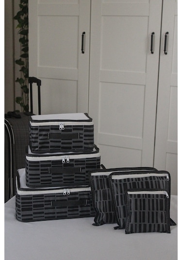 Adarya Home Zebra Desen Valiz Düzenleyici Bavul İçi Organizer Set 6'lı Antrasit