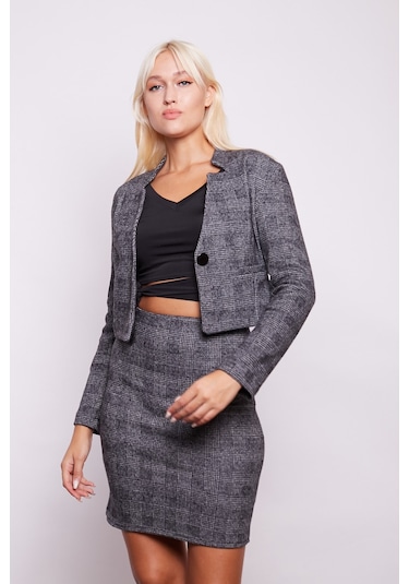 Kışlık Yünlü Kumaş Yüksek Bel Diz Üstü Kalem Etek -Antrasit Çizgi