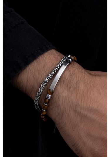 Vogutima İsim Yazılabilir Boncuk Ve Kral Zincir Detaylı Çelik Bileklik Gümüş