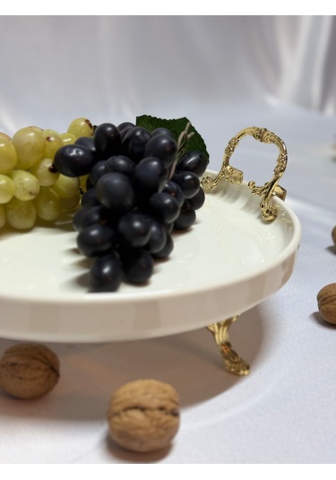 Aless Altın Ayaklı Kulplu Seramik Sunumluk Çerezlik Meyvelik