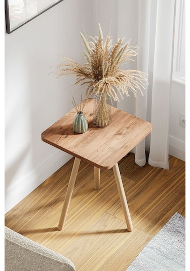 İntergo Kare Tasarımlı Ahşap Ayaklı Tekli Zigon Yan Sehpa Atlantik Çam