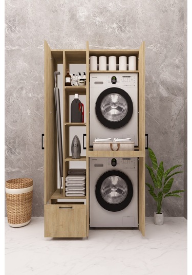 Mdf Çamaşır Makinesi Ve Kurutma Makinesi Dolabı Ütü Masalı Kapaklı Ahşap Lefkas Meşe