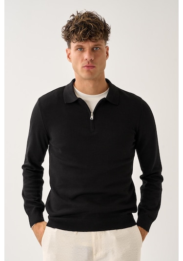 Fermuarlı Polo Yaka Kazak Siyah