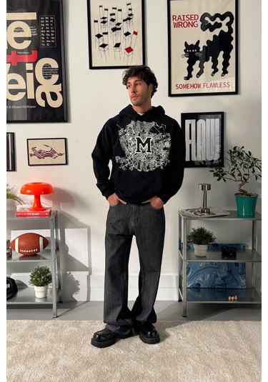 Flaw M Baskılı Hoodie-28671 Sİyah