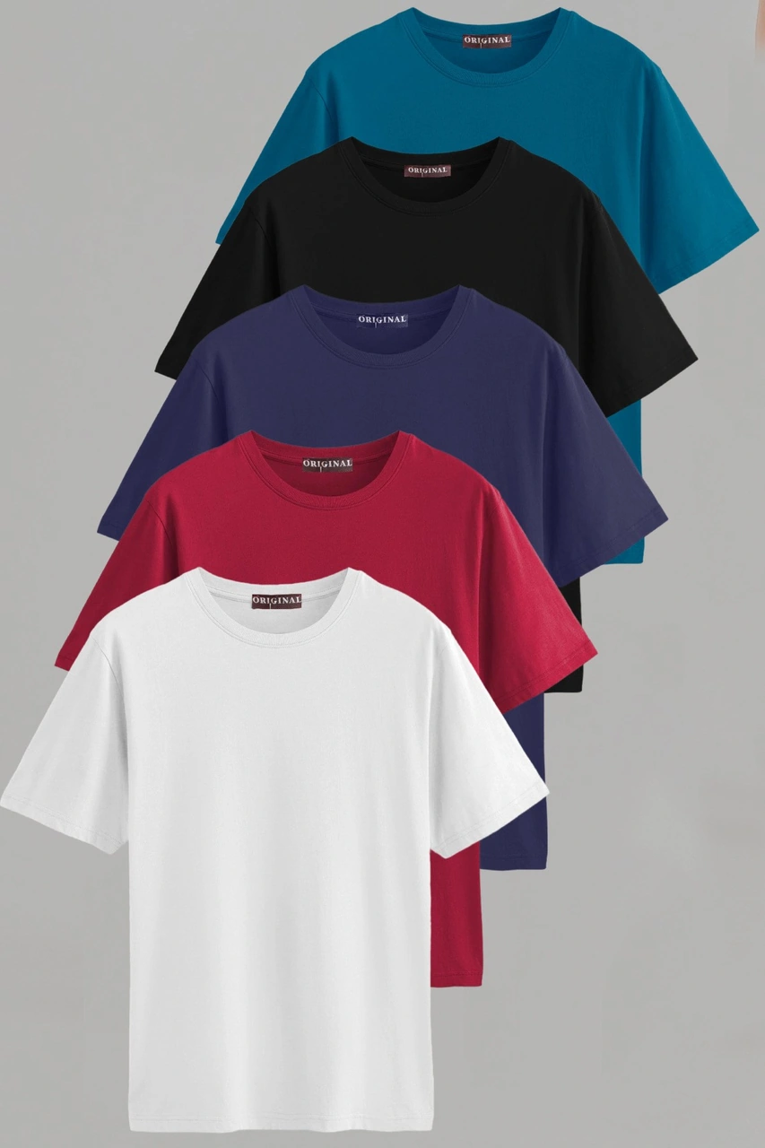 Erkek Beyaz-siyah-laci-bordo-petrol Mavi Slim Fit Bisiklet Yaka Pamuk Elastan 5'li Basic Tişört Vk-erkektişört-düz-5li