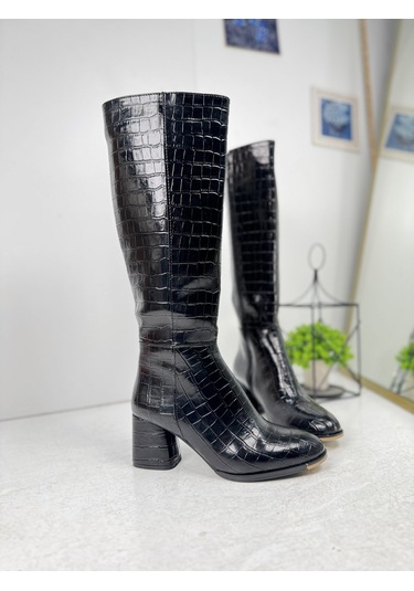 Günlük Kadın Yüksek Kalın Topuklu Fermuarlı Diz Altı Rahat Çizme 3001 Siyah Krokodil