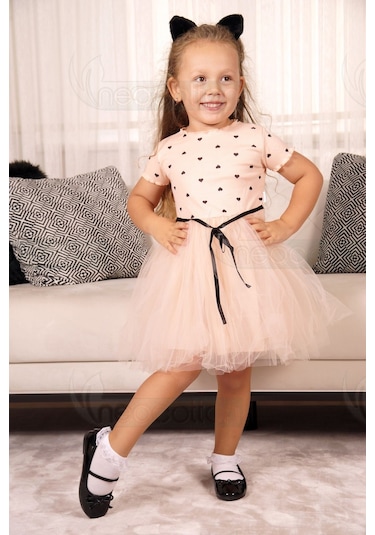 Kız Bebek-çocuk Kısa Kollu Doğum Günü Ve Özel Günler İçin Kalpli Tüllü Astarlı Elbise Kısakol-somon Somon