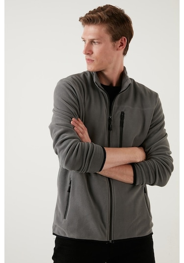 Buratti Slim Fit Fermuarlı Cepli Dik Yaka Polar Erkek Hırka 5906028 Gri