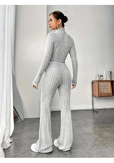 Kadın Uzun Kollu Balıkçı Yaka Krop Ve Pantolon Şardonlu Kaşkorse Ikili Takım Gri