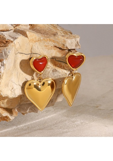 Paslanmaz Çelik Kırmızı Akik Kalp Küpeler Üst Düzey Niş Hafif Lüks Küpeler Titanyum Çelik Kulak Takısı Diğer