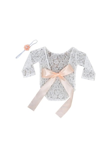 Bej Yenidoğan Bebek Kız Ilmek Yumuşak Dantel Romper Çiçek Kafa Bandı Fotoğraf Sahne Bej