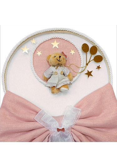 Kasnaklı Fiyonk Ve Ayıcıklı 30cm Kapı Süsü - Pembe