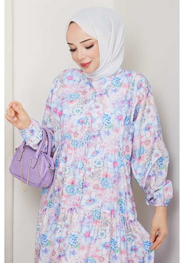 Elera Desenli Yarasa Kol Tesettür Elbise 1572 - Lila Lila