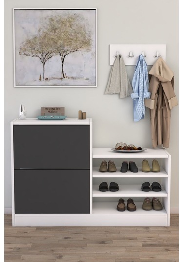 Anatolia 2 Kapak Kayar Raflı Ayakkabılık Antrasit Gri Antrasit - Beyaz