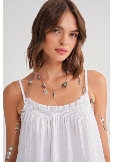 4740 Kadın Askılı Müslin Midi Elbise Beyaz Beyaz