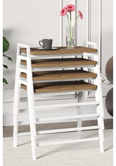 Zigon Sehpa , Aden 4'lü Tepsi Zigon Sehpa Takımı Beyaz Metal - Atlantik Çam Tabla Beyaz-atlantik Çam