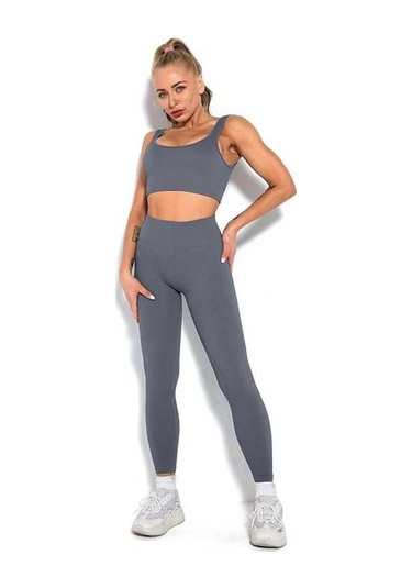 Fortunelane Kadınlar İçin Hava Alan Esnek Yoga Takımı - Gri Sporcu Sütyen Ve Tayt Seti Gri