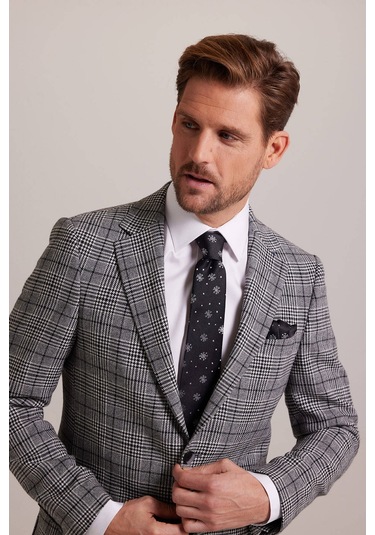 Erkek Gri Kışlık Yünlü Regular Fit Ekose Desenli Tek Ceket 001