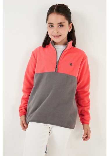 Lela Yumuşak Dokulu Yarım Fermuarlı Renk Bloklu Dik Yaka Unisex Çocuk Polar 5905004 Somon-Gri Lela Yumuşak Dokulu Yarım Fermuarlı Renk Bloklu Dik Yaka Unisex Çocuk Polar 5905004 Somon-Gri