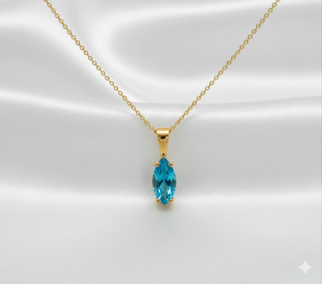 Ariş Mavi Topaz Markiz Altın Kolye