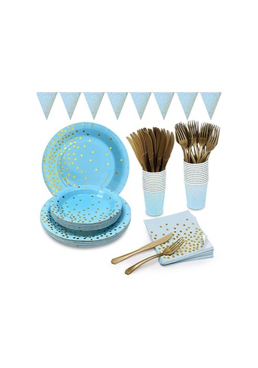 Kosona 10 Kişilik Mavi Altın Noktalı Tek Kullanımlık Parti Seti: Tabak, Servis Kağıdı, Bıçak-çatal-kaşık Ve Banner - Festivite Dekorasyonu