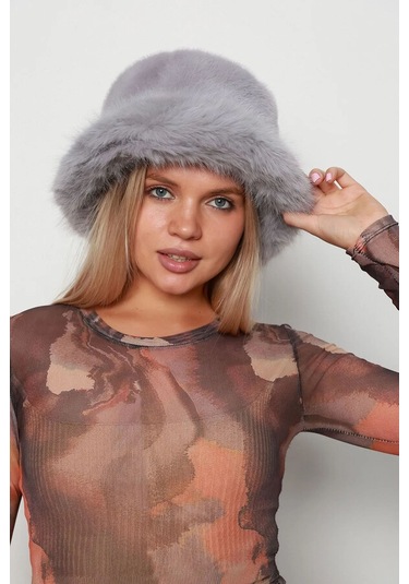 Kadın Peluş Bucket Kalpak Şapka 1143 Rkş-14 Gri Gri